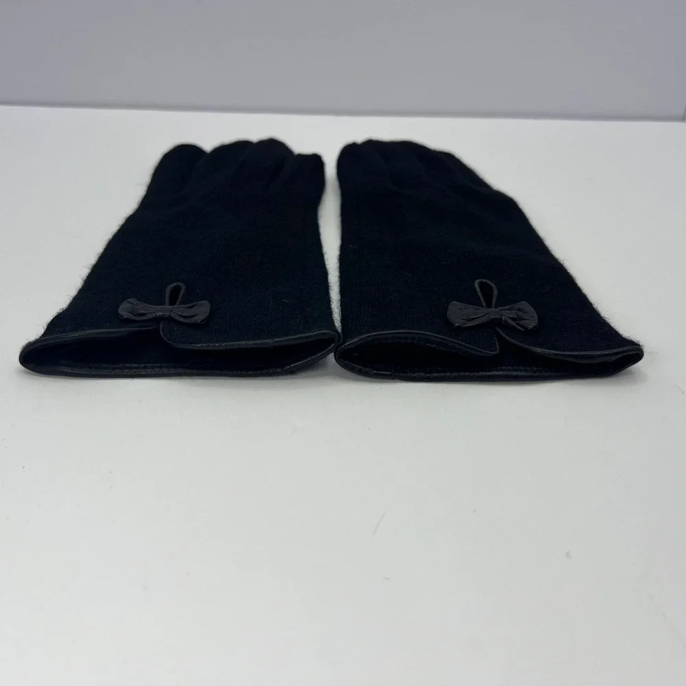 Elegant Black Knit Gloves Leather Bow Womens Small Touchscreen Finger Coquette